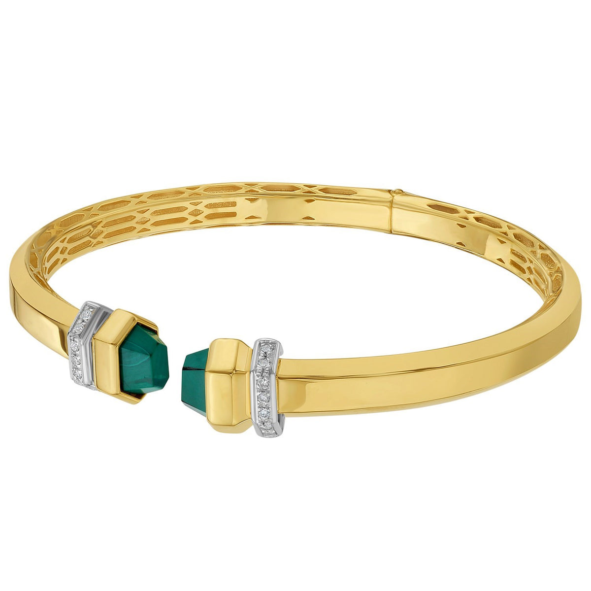 14K yellow gold malachite cuff at an angle, showing the diamond collars