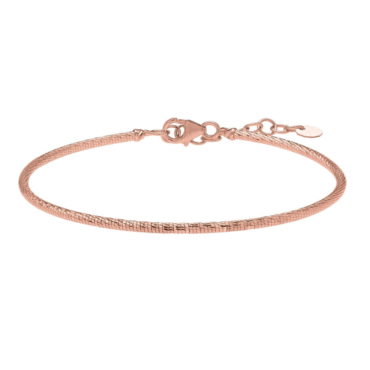 Front view of the 14K rose gold diamond-cut stack bangle