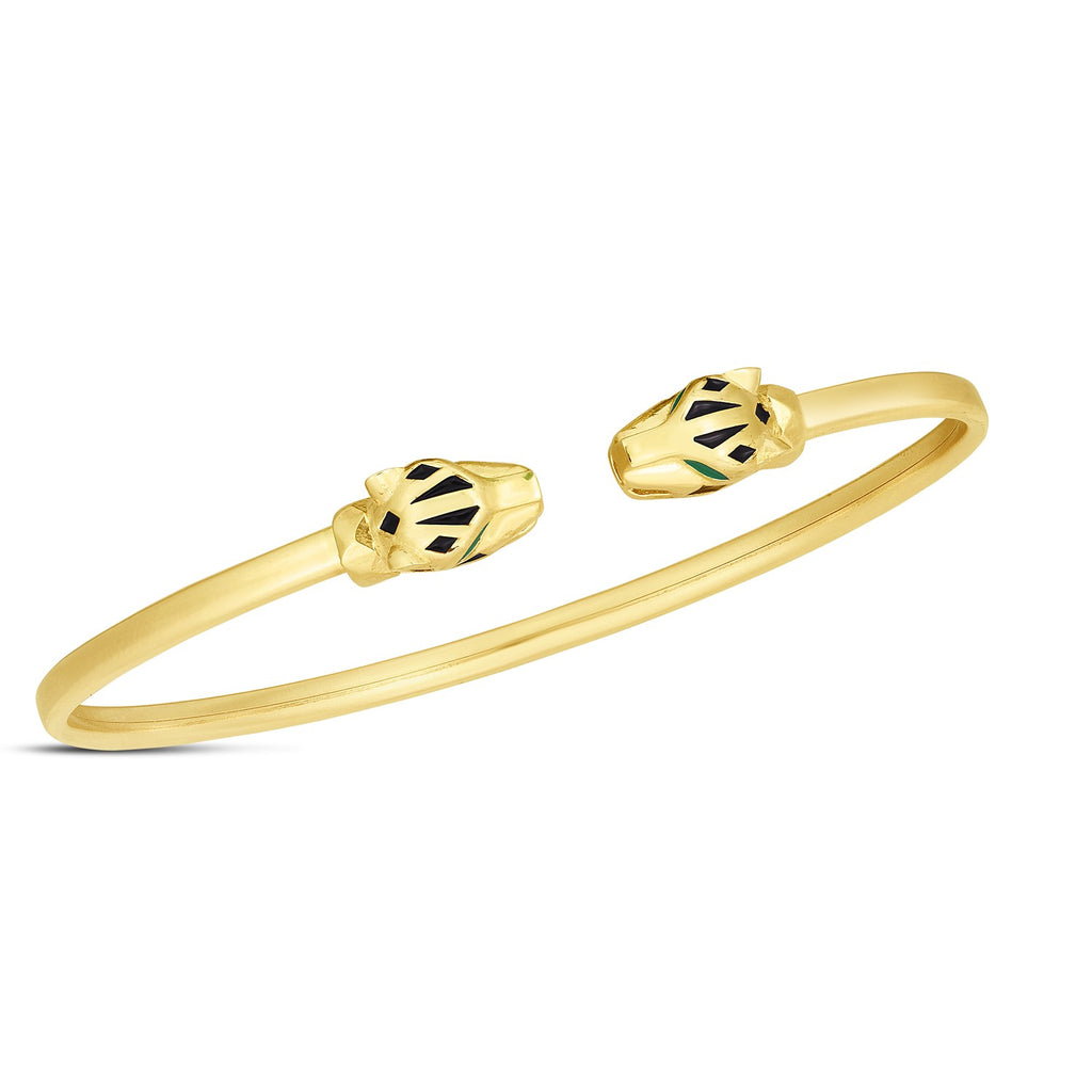Panther head cuff in 14K yellow gold with black enamel spots and green enamel eyes