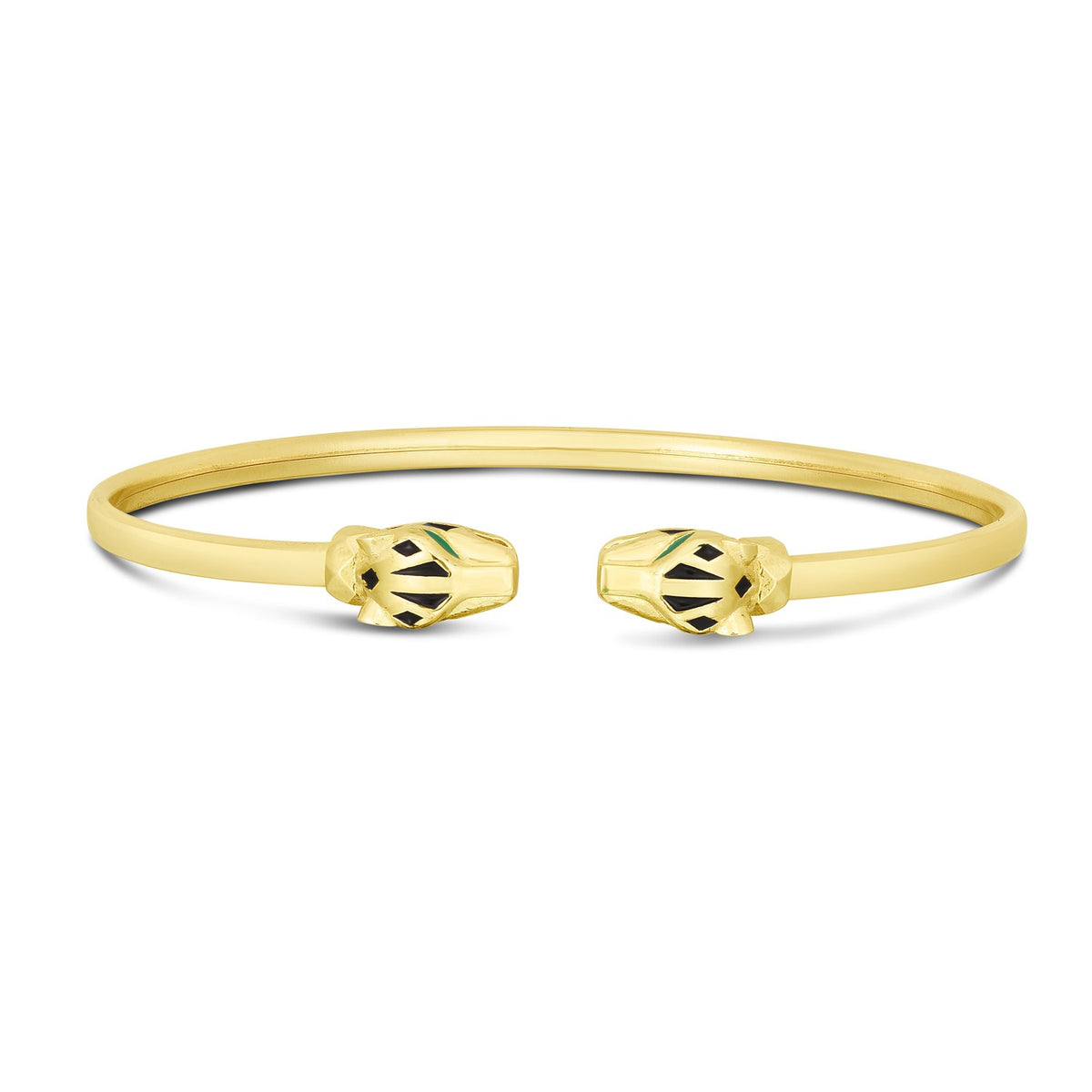 Front view of the 14K yellow gold panther cuff showing both enamel panther heads