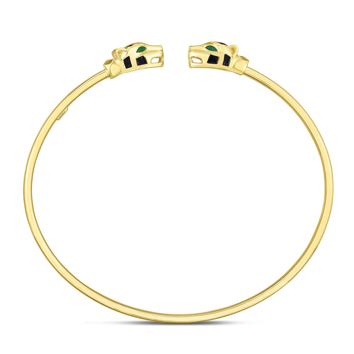 14K yellow gold panther cuff seen from above, the two heads facing across the open front