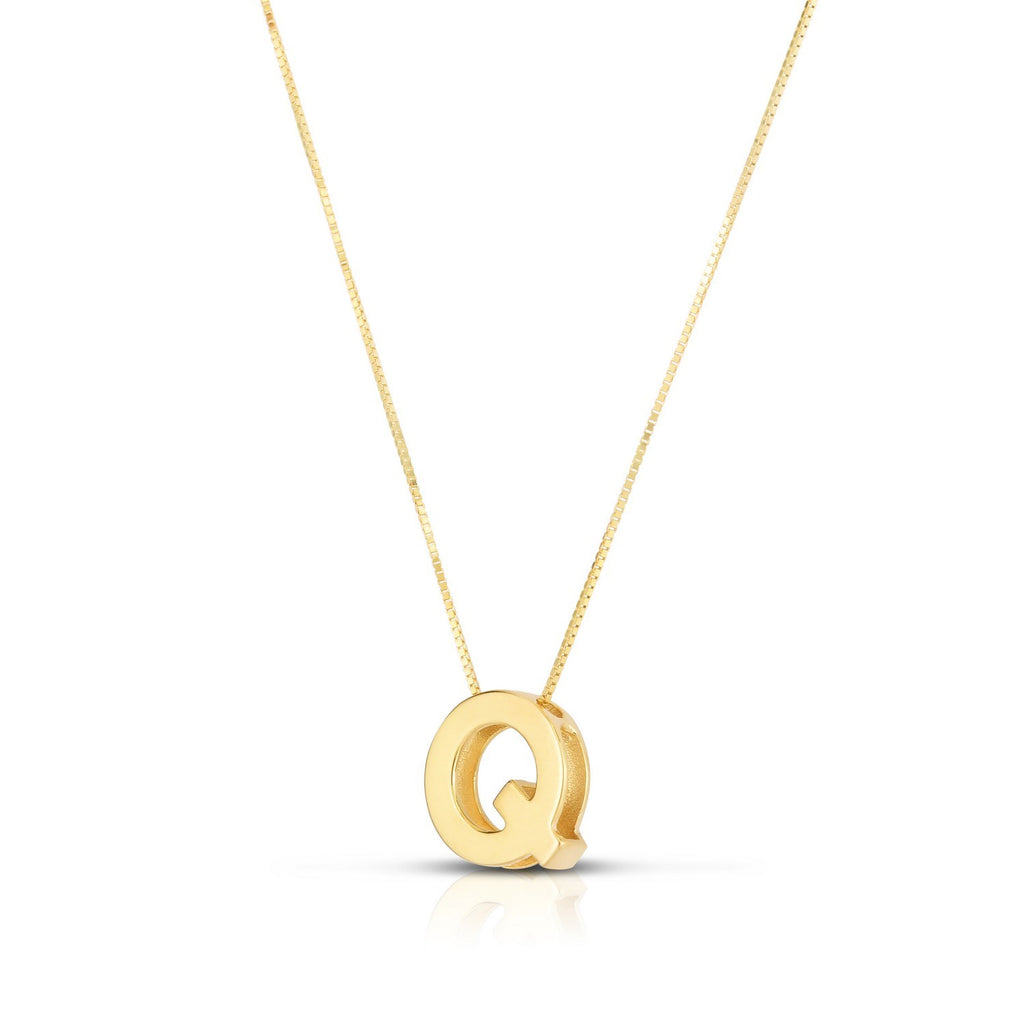 Block letter Q in polished 14K yellow gold, angled to show its depth, on a box chain