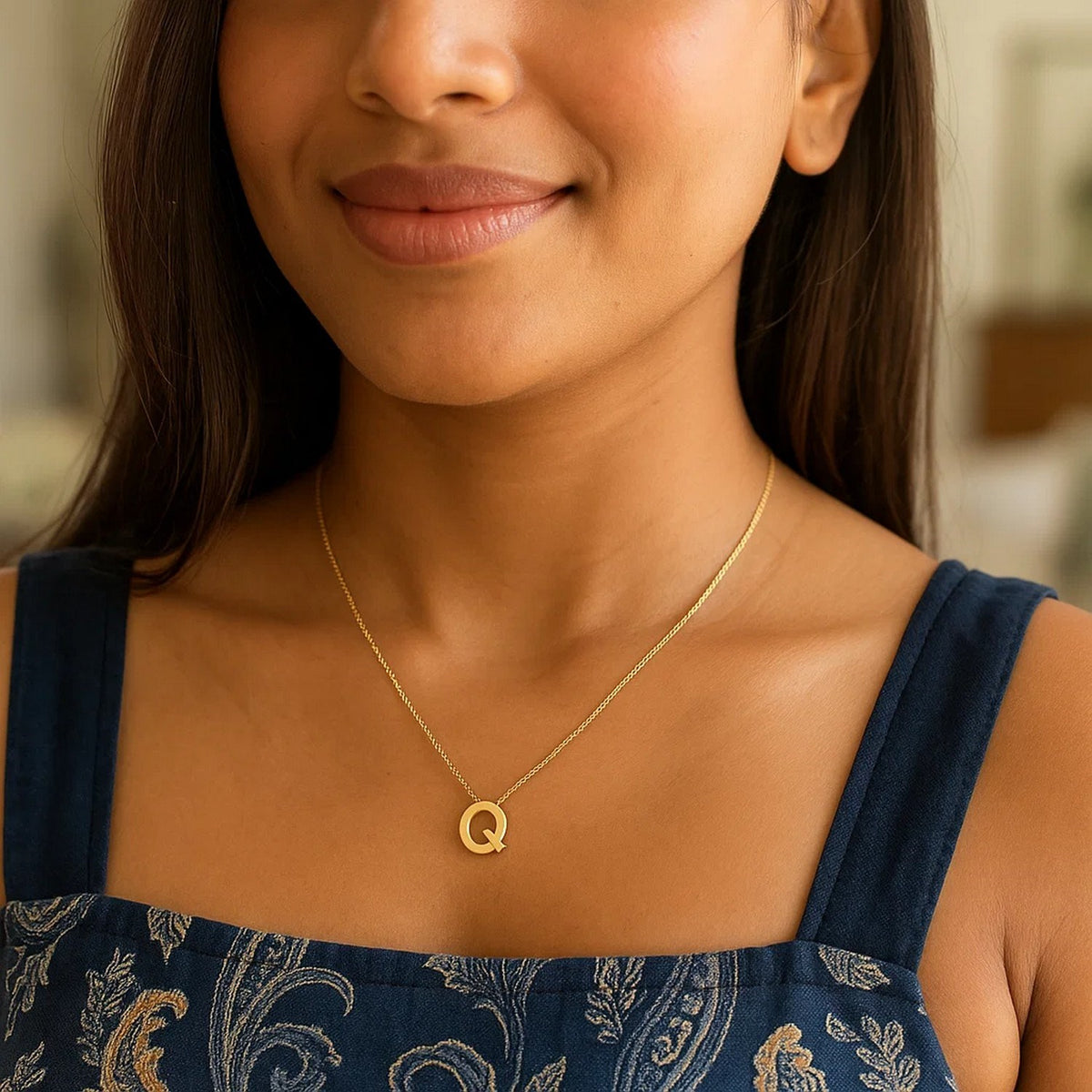 Block letter Q initial necklace in 14K yellow gold worn, second view
