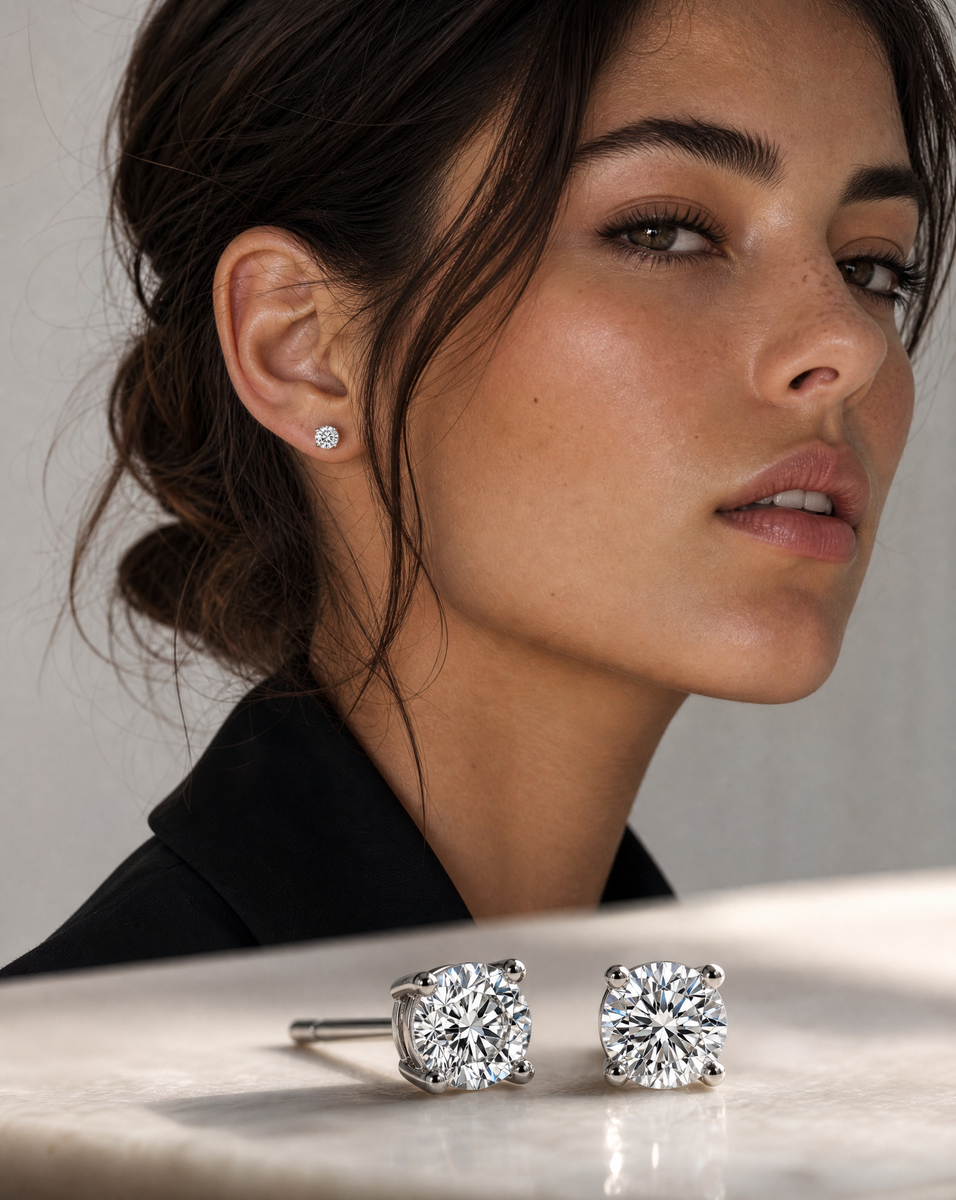 Woman wearing IGI certified lab grown diamond stud earrings in 14K gold from DEEVE